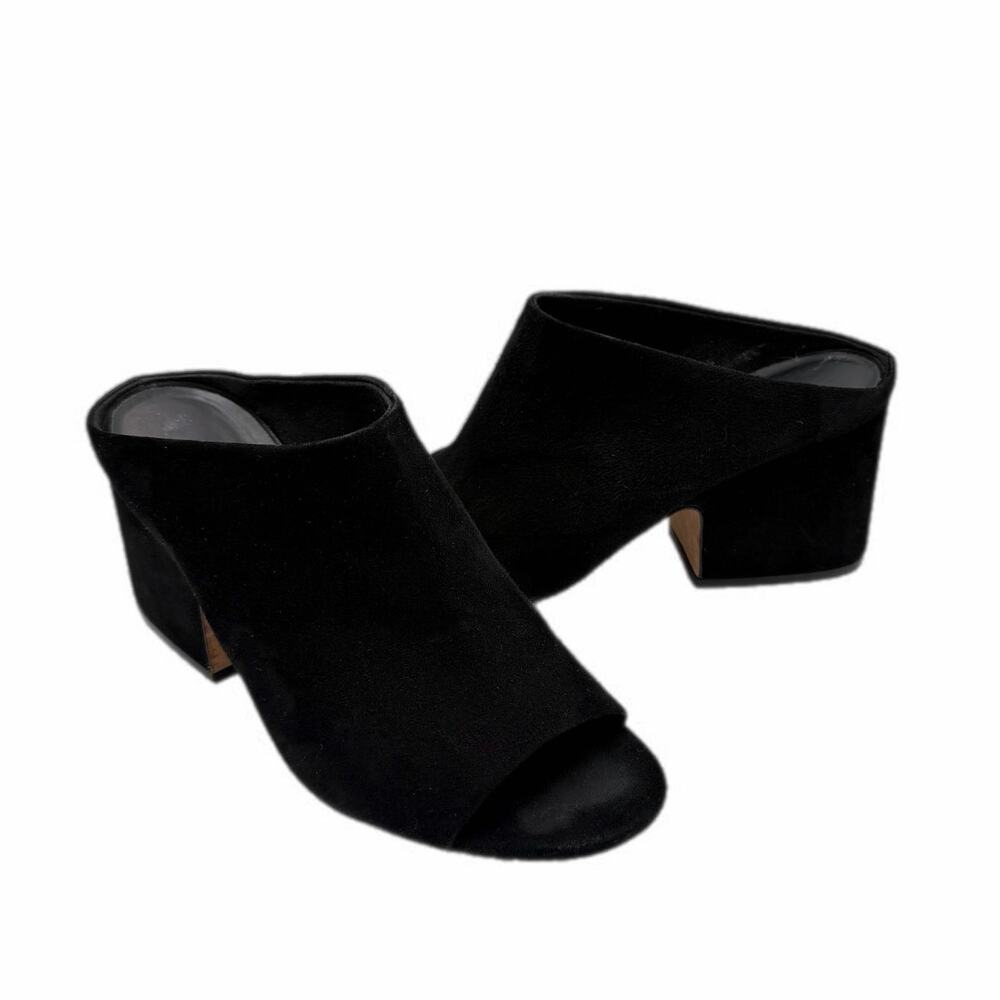Vince Petra Black Suede Leather Slip On Open Toe Block Heel Chic Mule Shoes